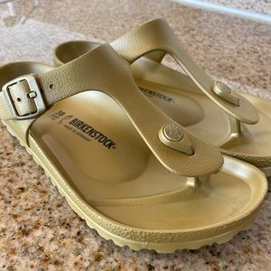 Comfy and cute Birkenstock women’s Gizeh EVA sandals, fun gold color